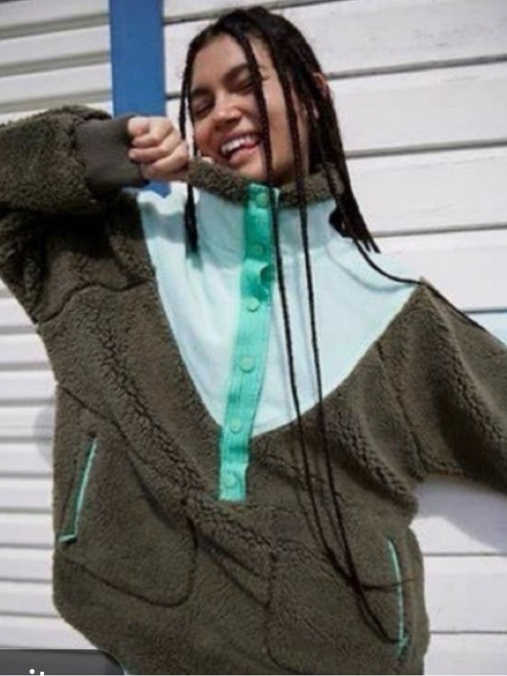 FP Movement by Free People Olive Green Sherpa Pullover with Mint Yoke